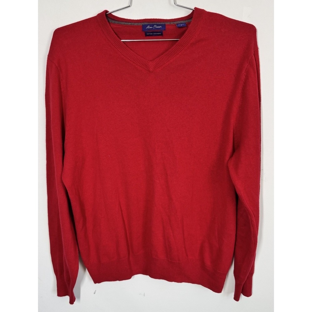 Alan Flusser‎ Cotton Cashmere Pullover V Neck Sweater Red Sz L Christmas Holiday